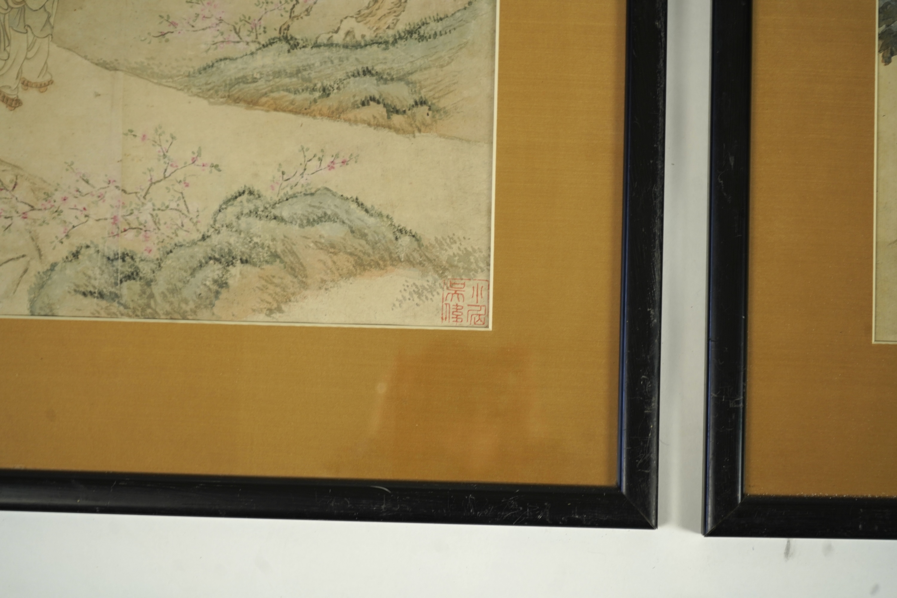 Chinese School , (19th century), Sage and boy, Farmer and ox, and two sages and attendant, Ink and colour on rice paper; three works, 38.5cm x 39.5cm, framed and glazed